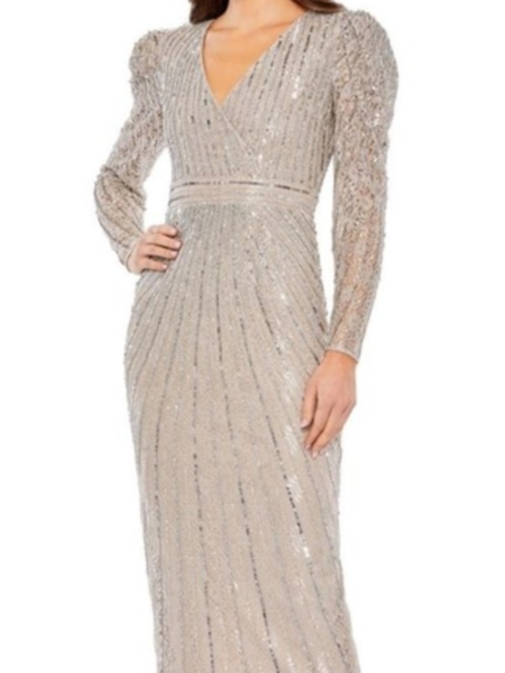 Sequin V-Neck Long Sleeve Evening Gown - Champagne